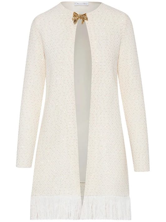 Bow Button Sequinned Tweed Coat