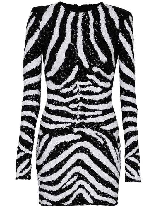 Zebra-Pattern Sequin-Embellished Dress