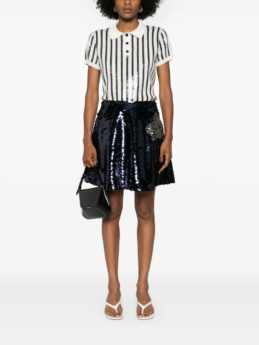 Sequin-Embellished Striped Polo Jumper