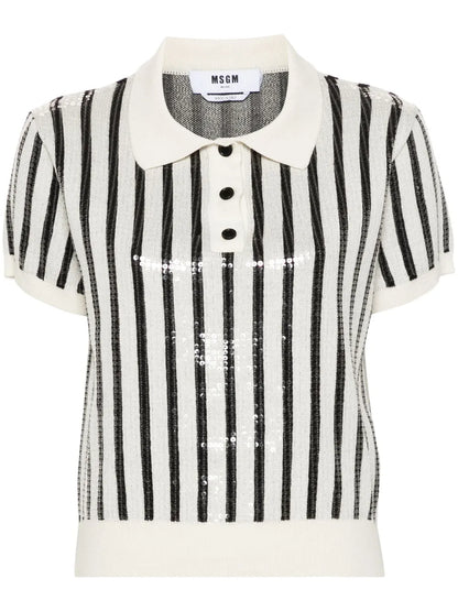 Sequin-Embellished Striped Polo Jumper