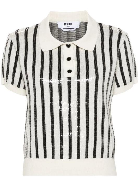 Sequin-Embellished Striped Polo Jumper