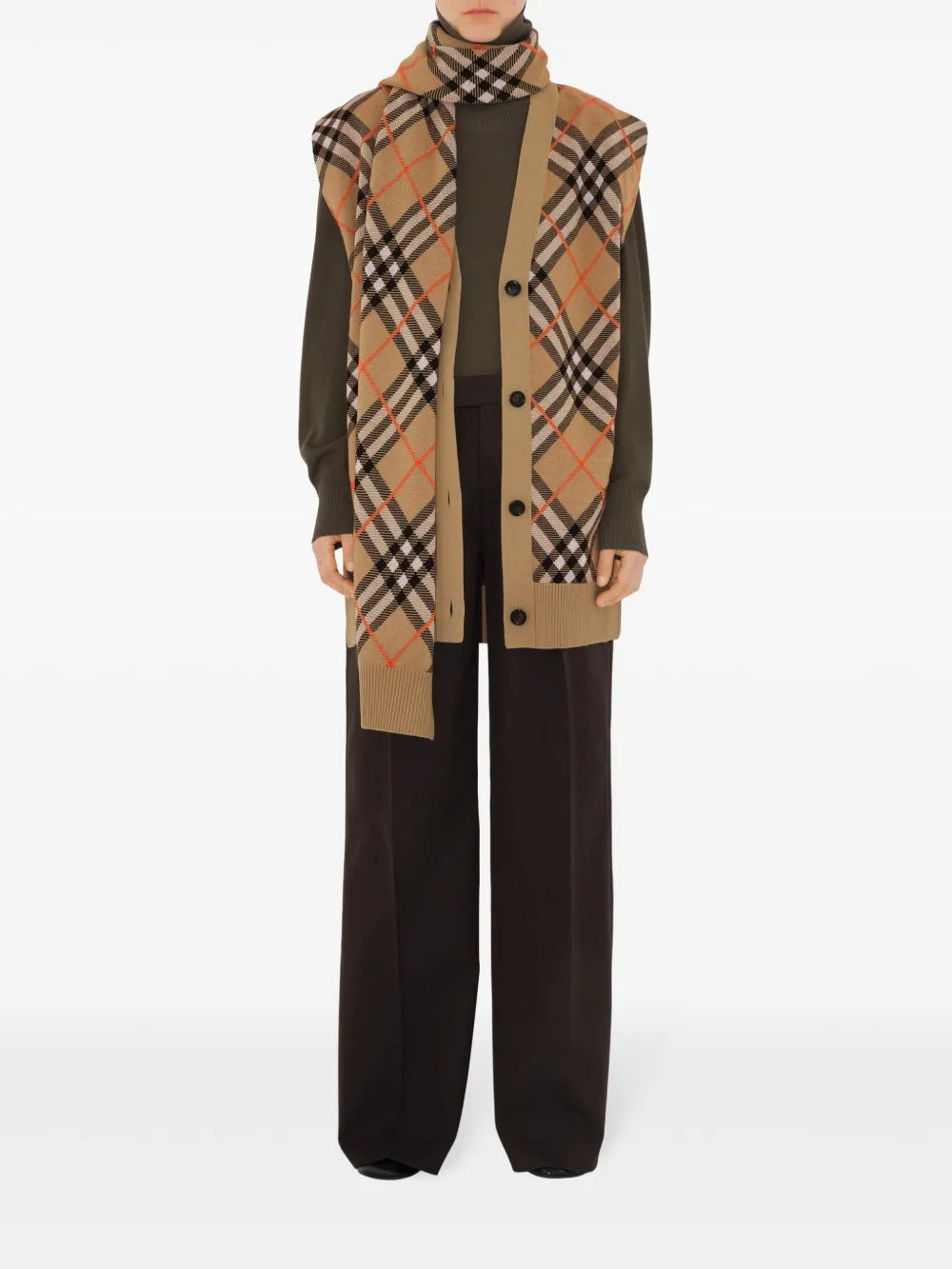 Checked Sleeveless Cardigan And Scarf