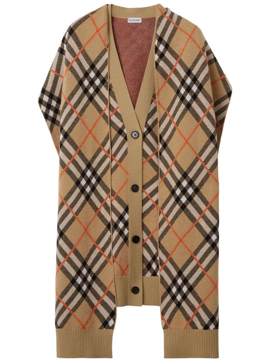 Checked Sleeveless Cardigan And Scarf
