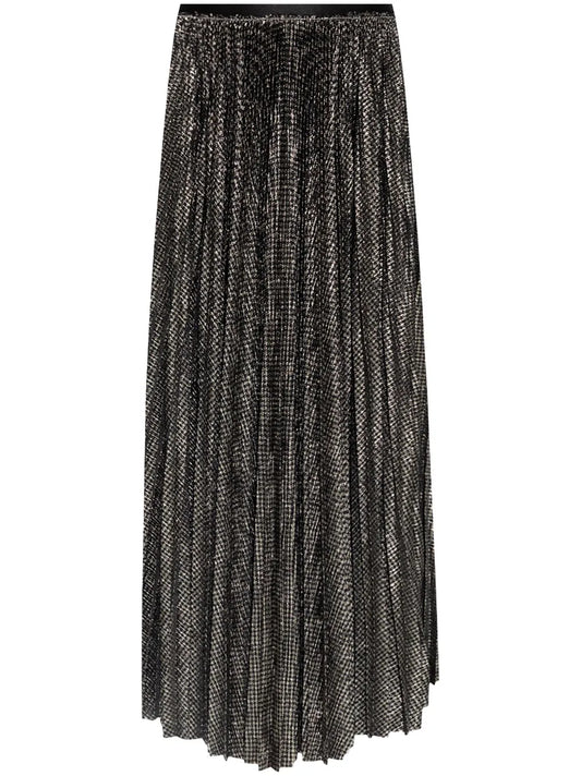 Pleated Houndstooth-Print Midi Skirt