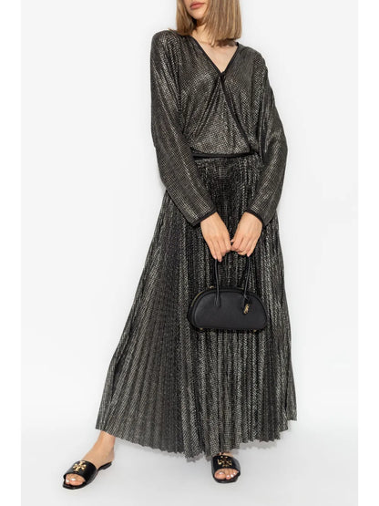 Pleated Houndstooth-Print Midi Skirt
