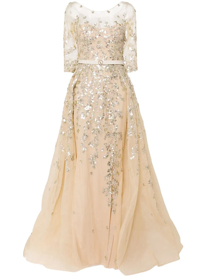 Beaded Tulle Belted Gown
