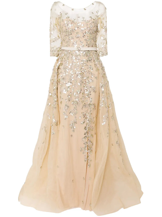 Beaded Tulle Belted Gown