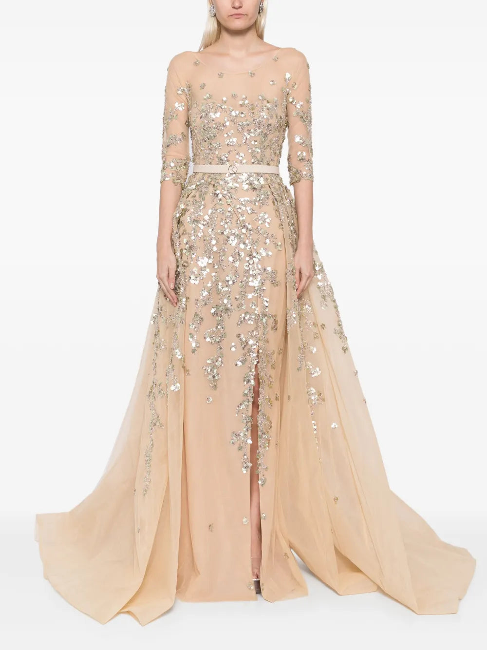 Beaded Tulle Belted Gown
