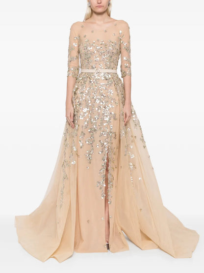 Beaded Tulle Belted Gown
