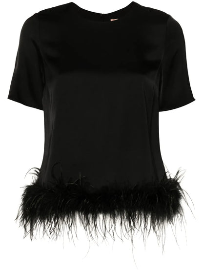 Feather-Trim Satin Blouse
