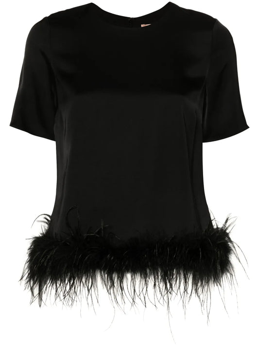 Feather-Trim Satin Blouse