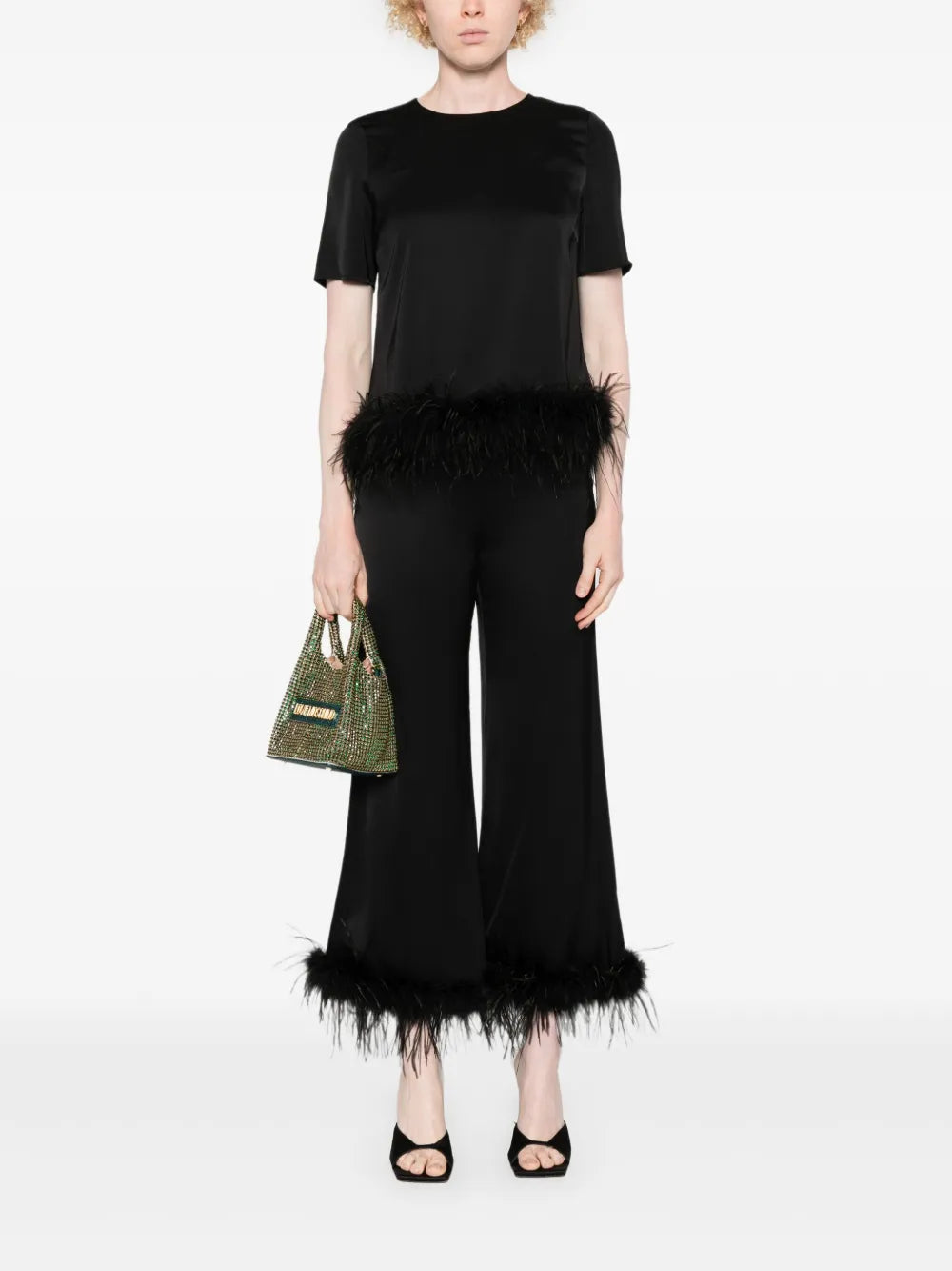 Feather-Trim Satin Blouse