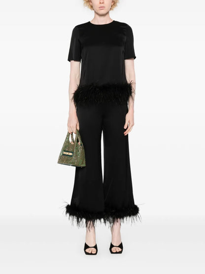Feather-Trim Satin Blouse