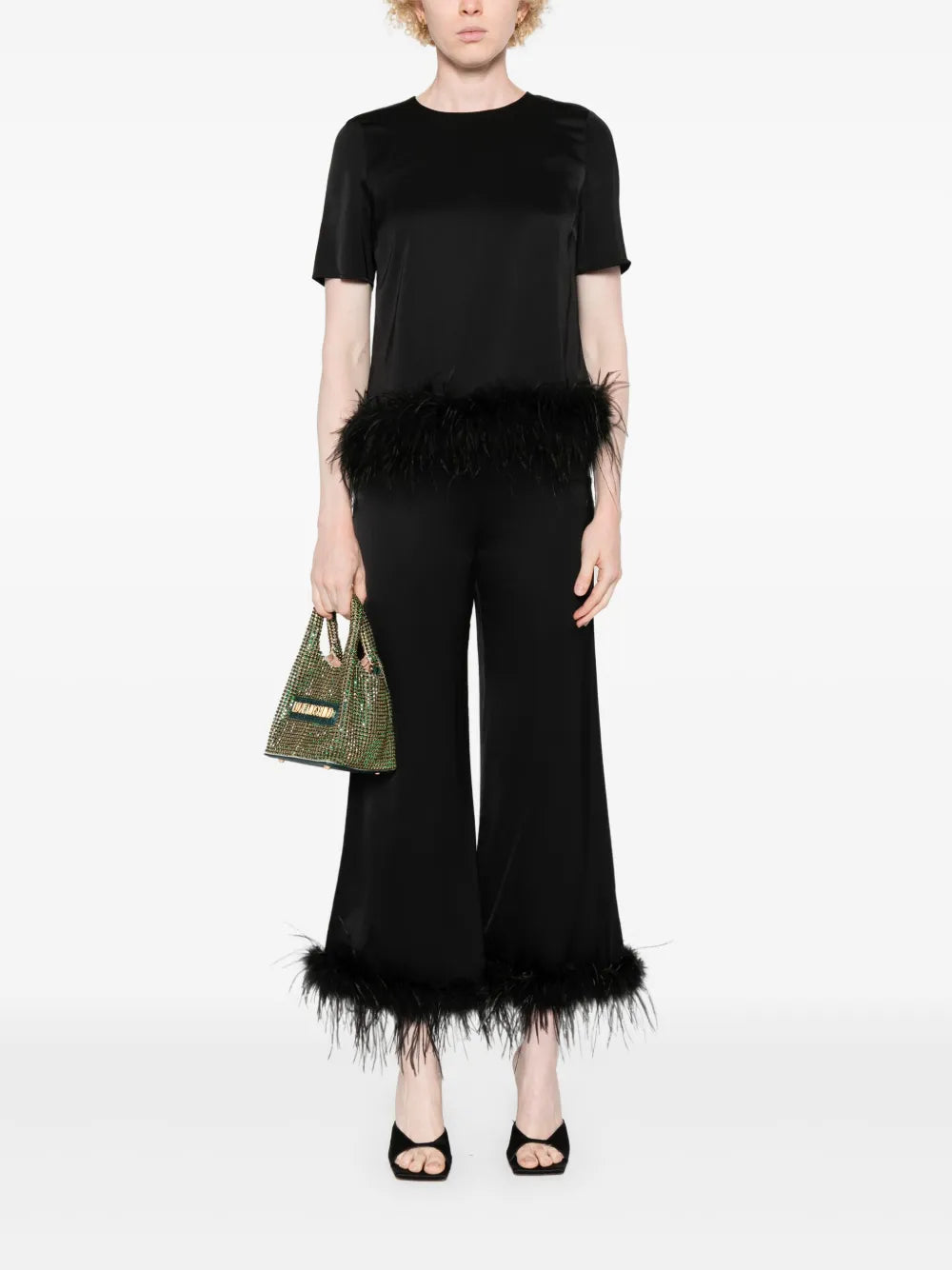 Feather-Trim Satin Trousers