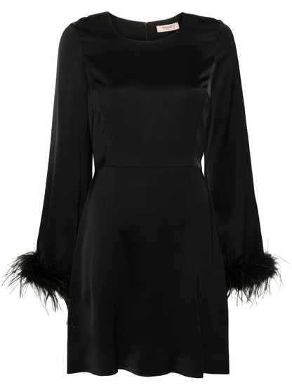 Feather-Trim Satin Mini Dress