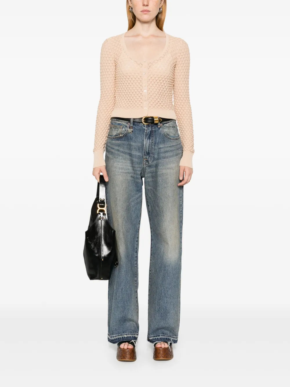 Cropped Pointelle-Knit Cardigan