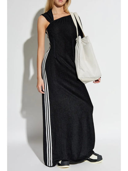Stripe-Detailing One-Shoulder Maxi Dress