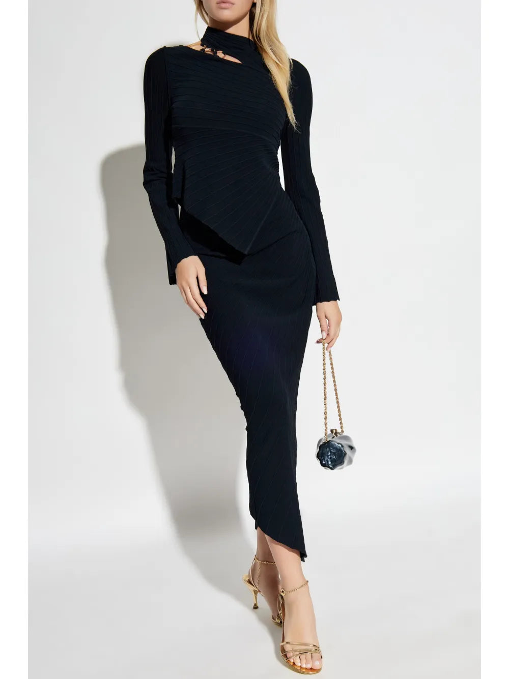 Plissé Asymmetric Midi Skirt
