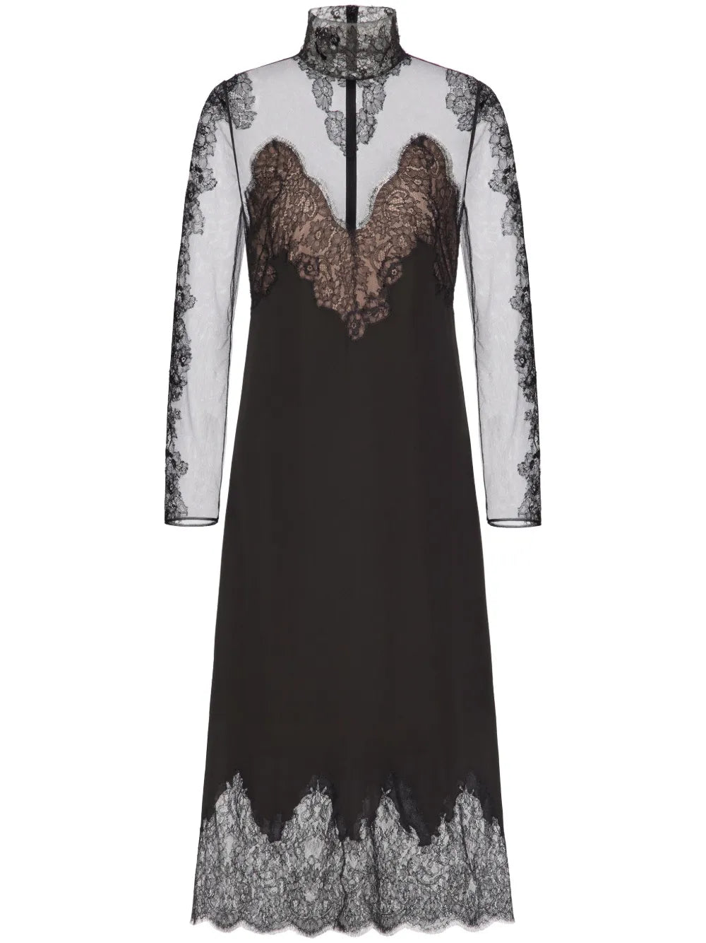 Lace-Appliqué Silk Midi Dress