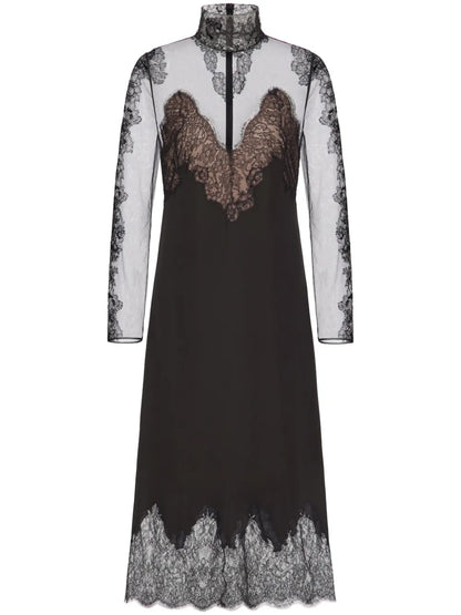 Lace-Appliqué Silk Midi Dress
