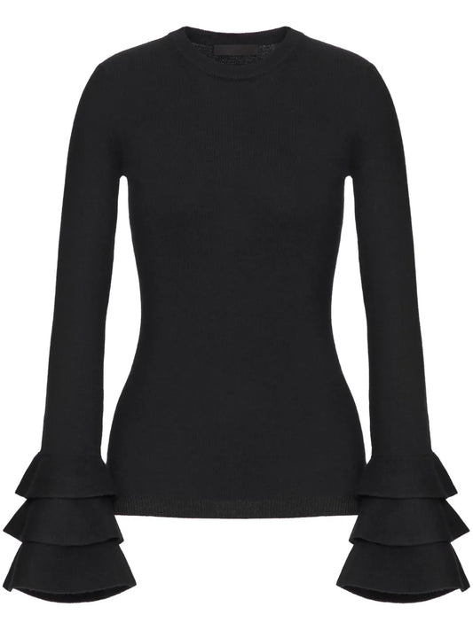 Tiered-Sleeve Crew-Neck Knitted Top