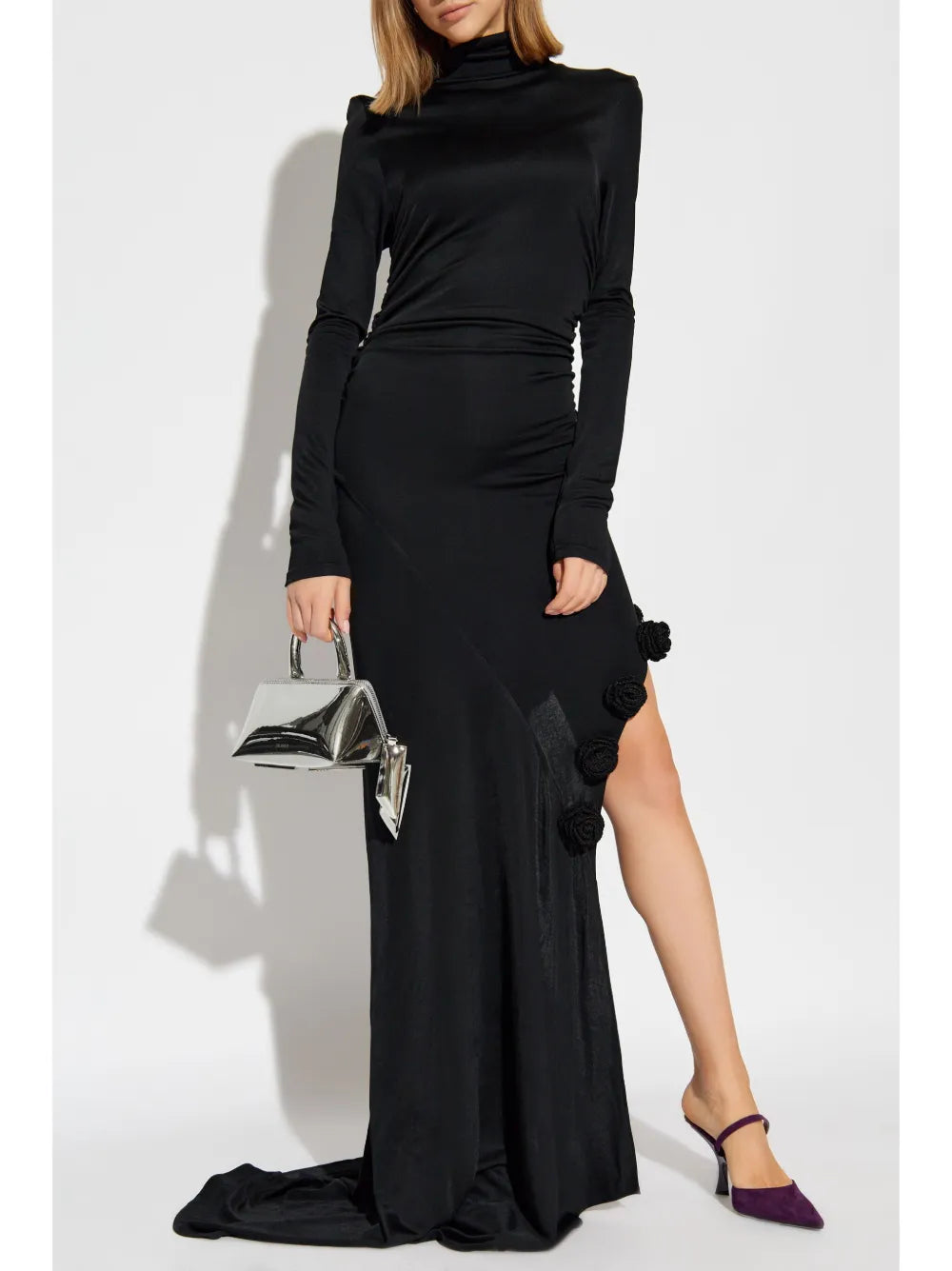 Floral-Appliqué Side-Slit Evening Dress