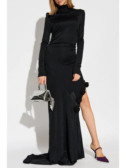 Floral-Appliqué Side-Slit Evening Dress