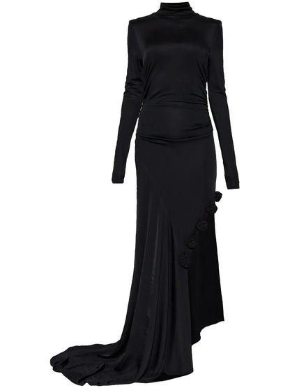 Floral-Appliqué Side-Slit Evening Dress