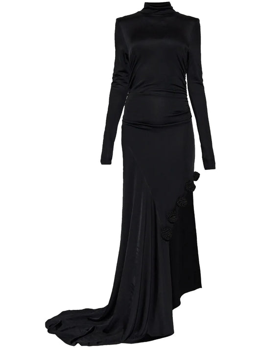 Floral-Appliqué Side-Slit Evening Dress