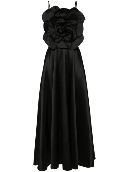 Floral-Appliqué Taffeta Maxi Dress