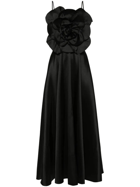 Floral-Appliqué Taffeta Maxi Dress