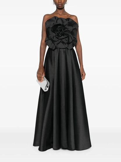Floral-Appliqué Taffeta Maxi Dress