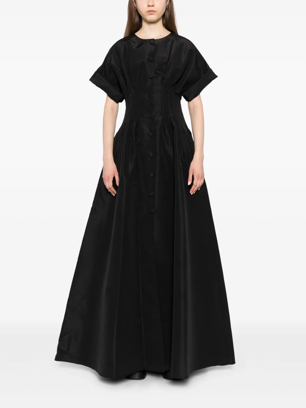 Rolled-Sleeves Button-Front Gown