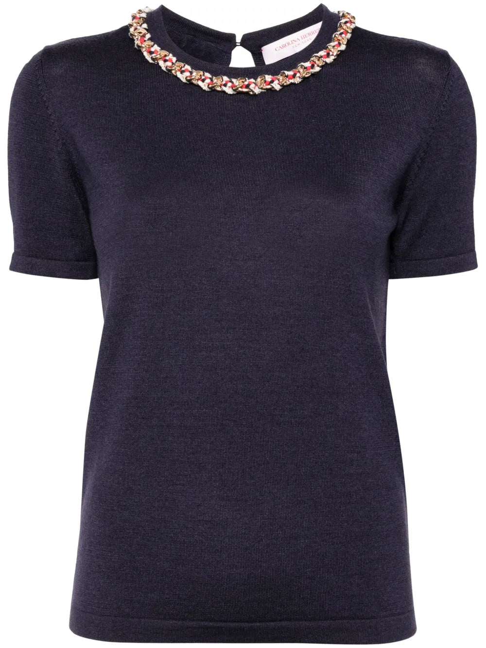 Chain-Embellished Crew-Neck Knitted Top