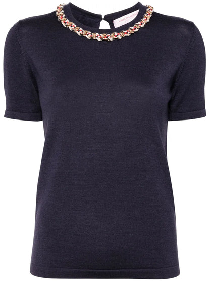 Chain-Embellished Crew-Neck Knitted Top