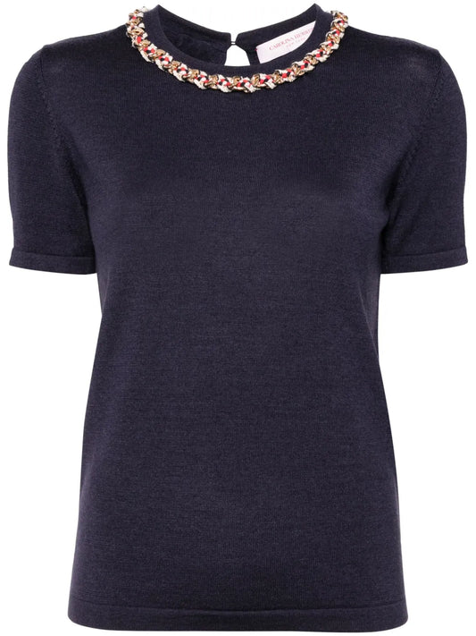 Chain-Embellished Crew-Neck Knitted Top