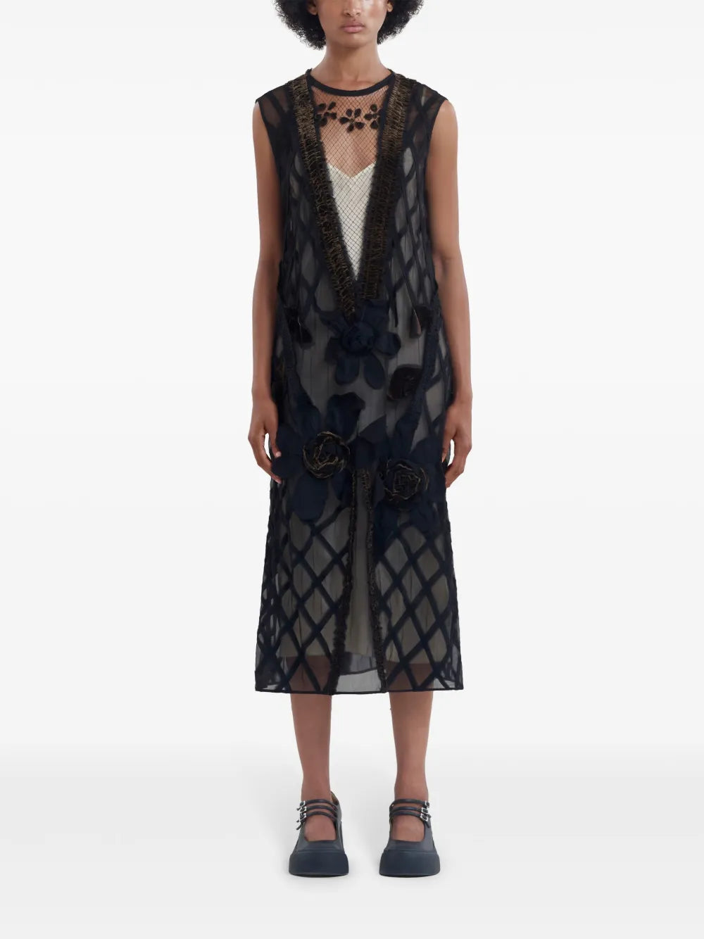 Floral-Appliqué Chiffon Dress