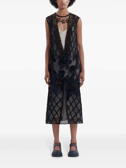 Floral-Appliqué Chiffon Dress