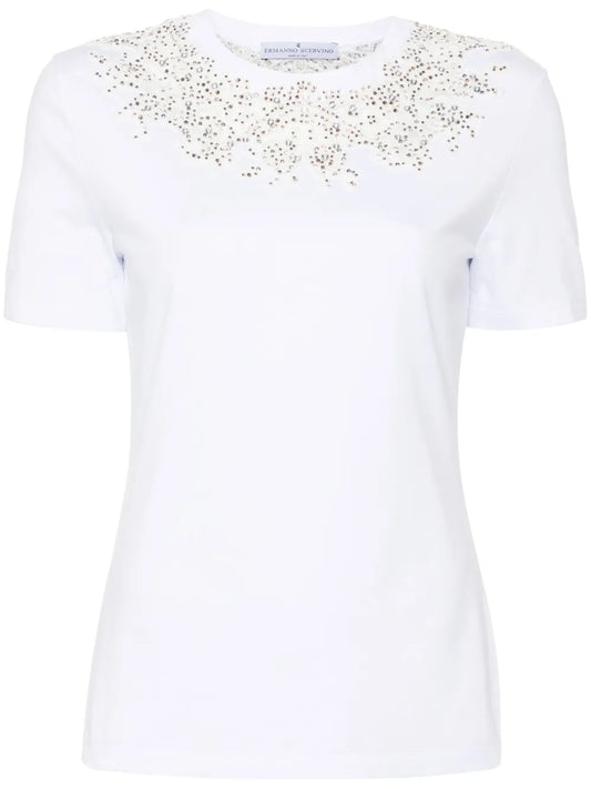 Lace-Detail Crystal-Embellished T-Shirt