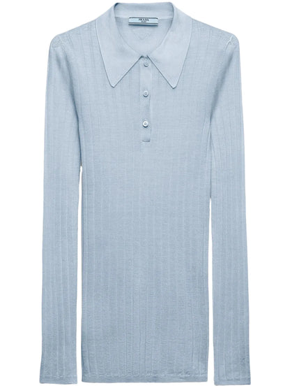 Ribbed Cashmere-Silk Polo Top