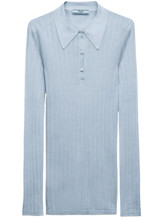 Ribbed Cashmere-Silk Polo Top