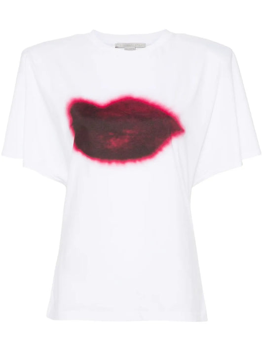 Lips-Print Shoulder-Pads T-Shirt