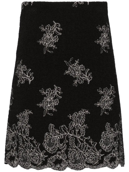 Floral-Embroidered Tweed Skirt