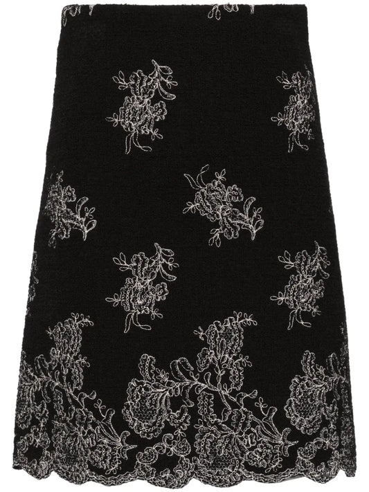 Floral-Embroidered Tweed Skirt