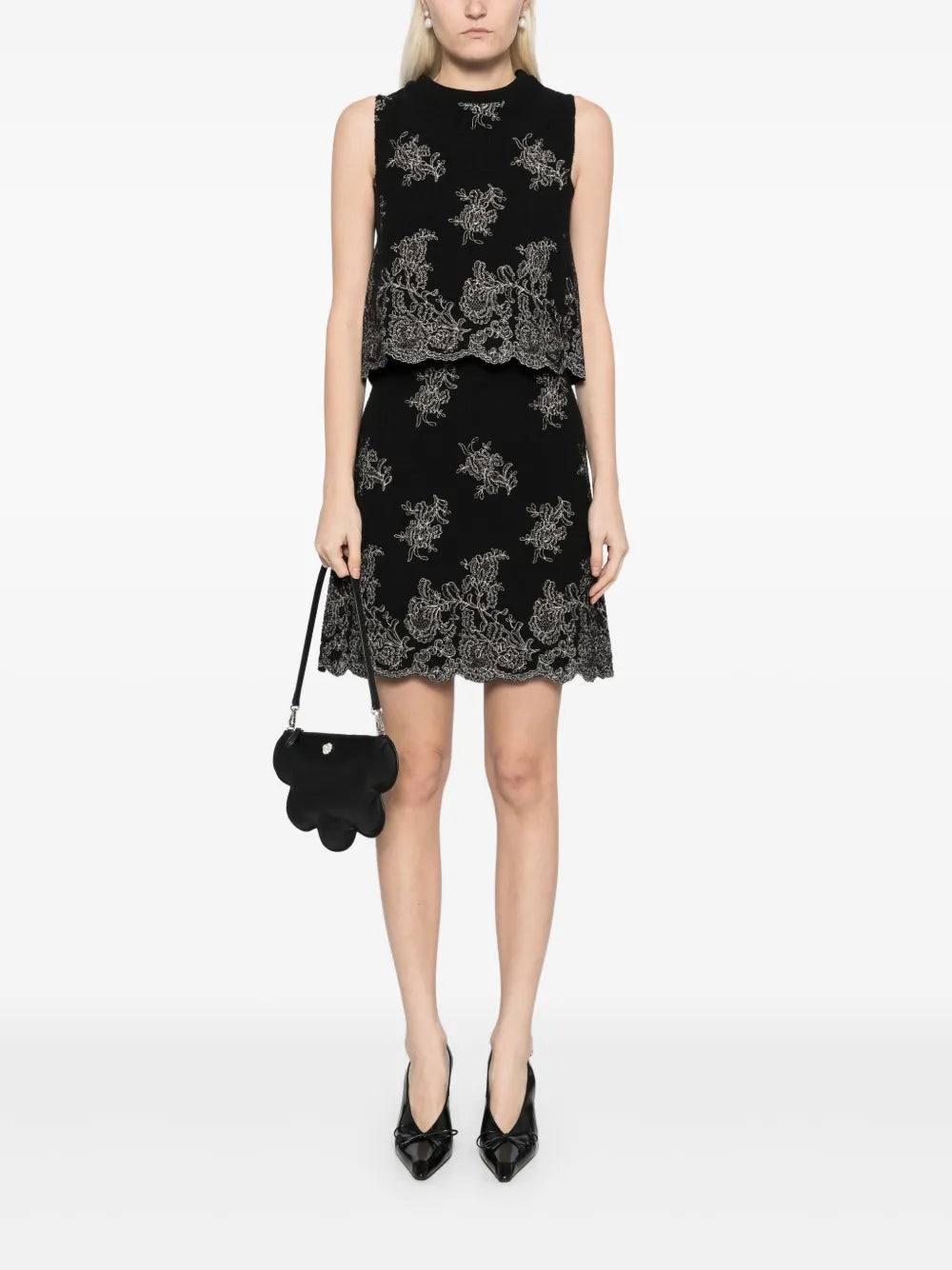 Floral-Embroidered Tweed Skirt