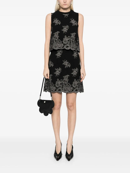 Floral-Embroidered Tweed Skirt