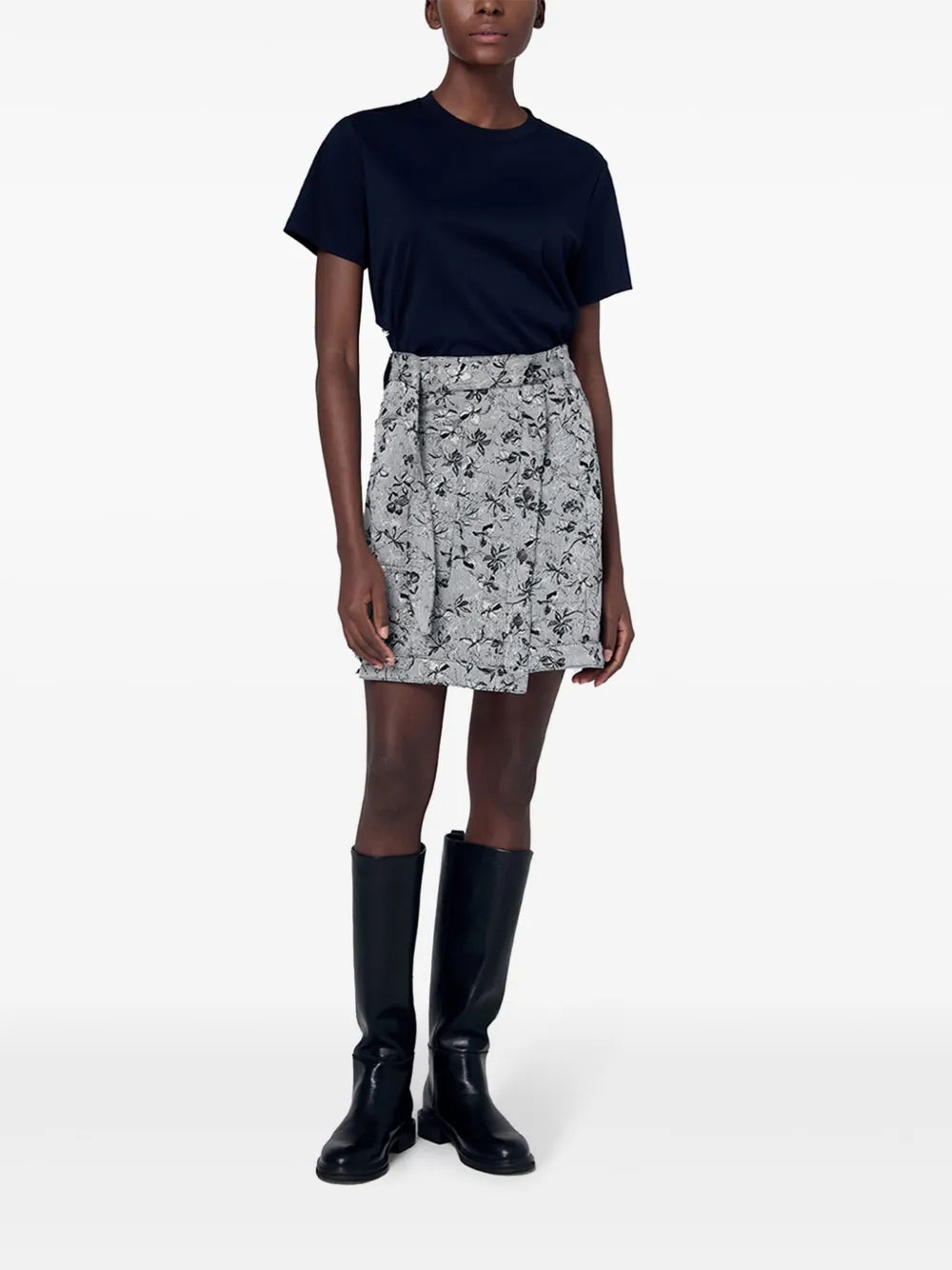 Floral-Jacquard Denim Skirt