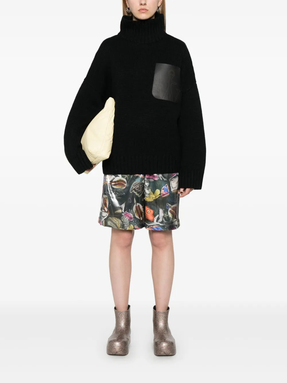 High-Neck Leather-Pocket Sweater