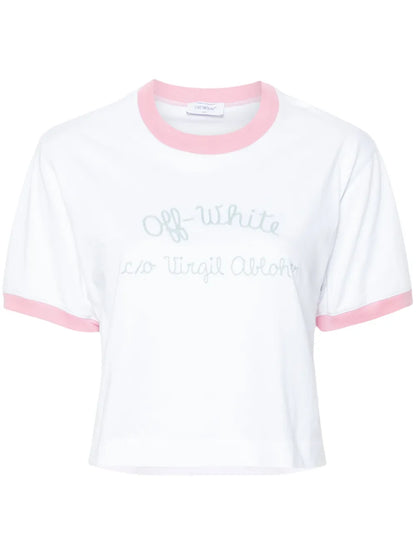 Script-Embroidered Cropped T-Shirt