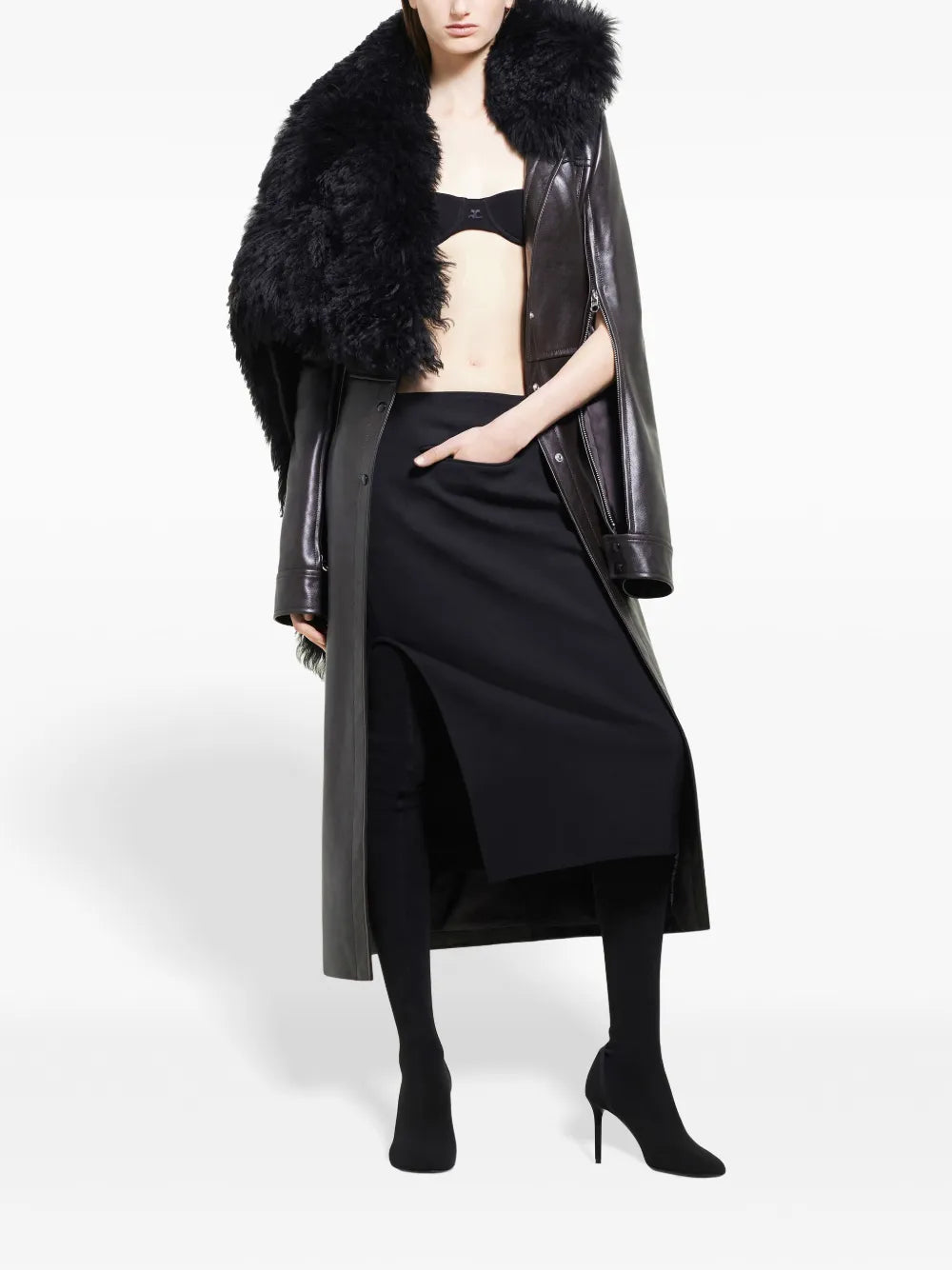 Shearling Collar Leather Coat